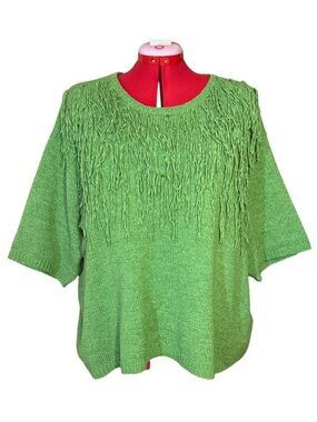 Luisa Cerano Green Fringe Knit Short Sleeve Sweater Size 14